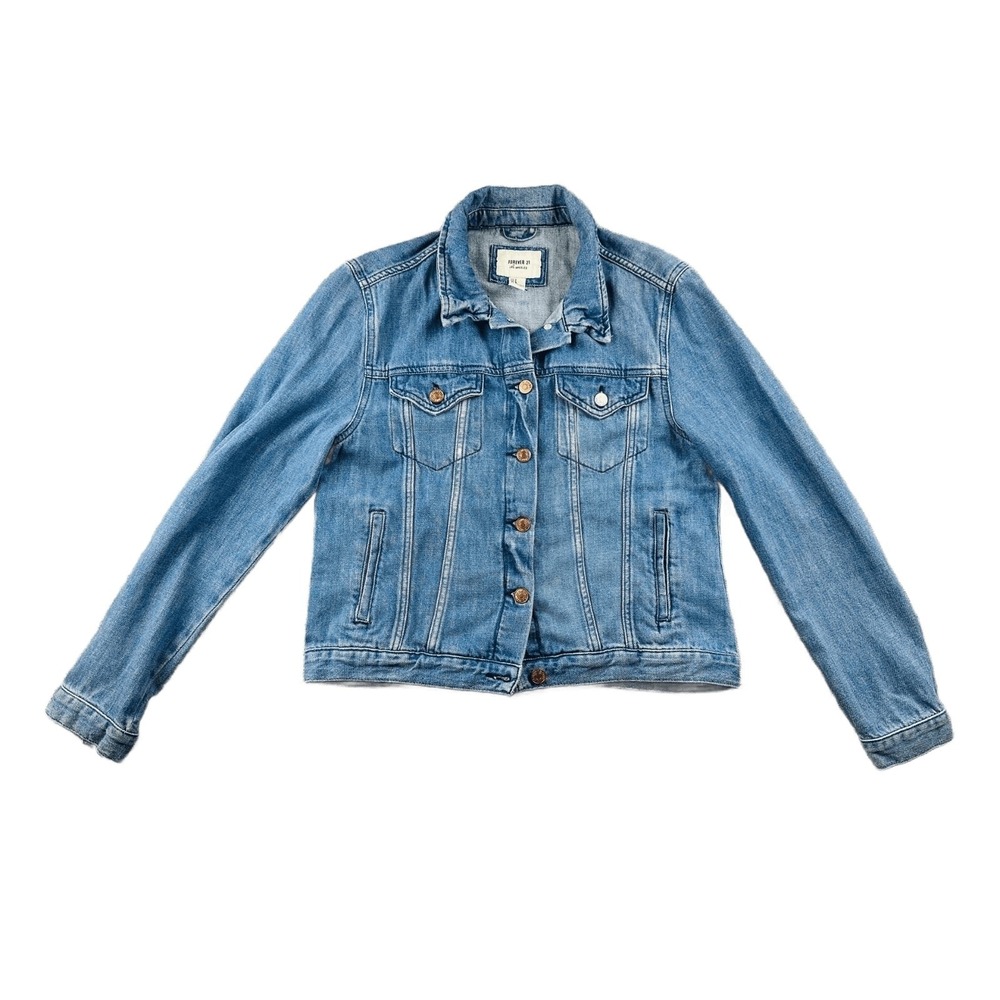 Forever 21 Denim Jacket Women S Blue 100% Cotton Button-Front Streetwear Western